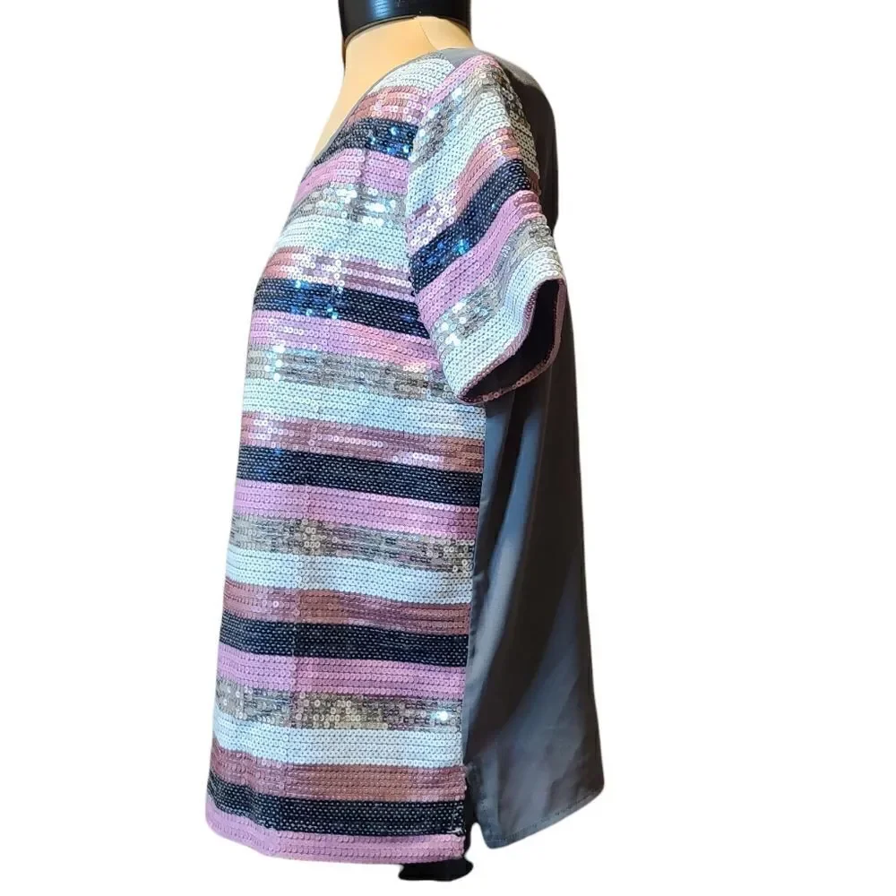 New York & Company Striped Sequined Top, pink, white, blue, silver, grey, NWT Me